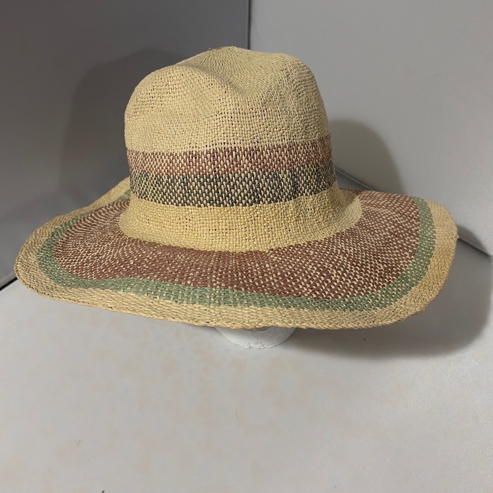Woven Paper Straw Sun Hat Wide Brim Fedora Striped Boho Beach Tan Green 57cm - Picture 4 of 7